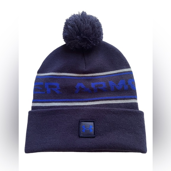 Under Armour Beanie UA Men’s OSFM Halftime Blue Cuffed Pom Knit Hat New - Picture 2 of 4